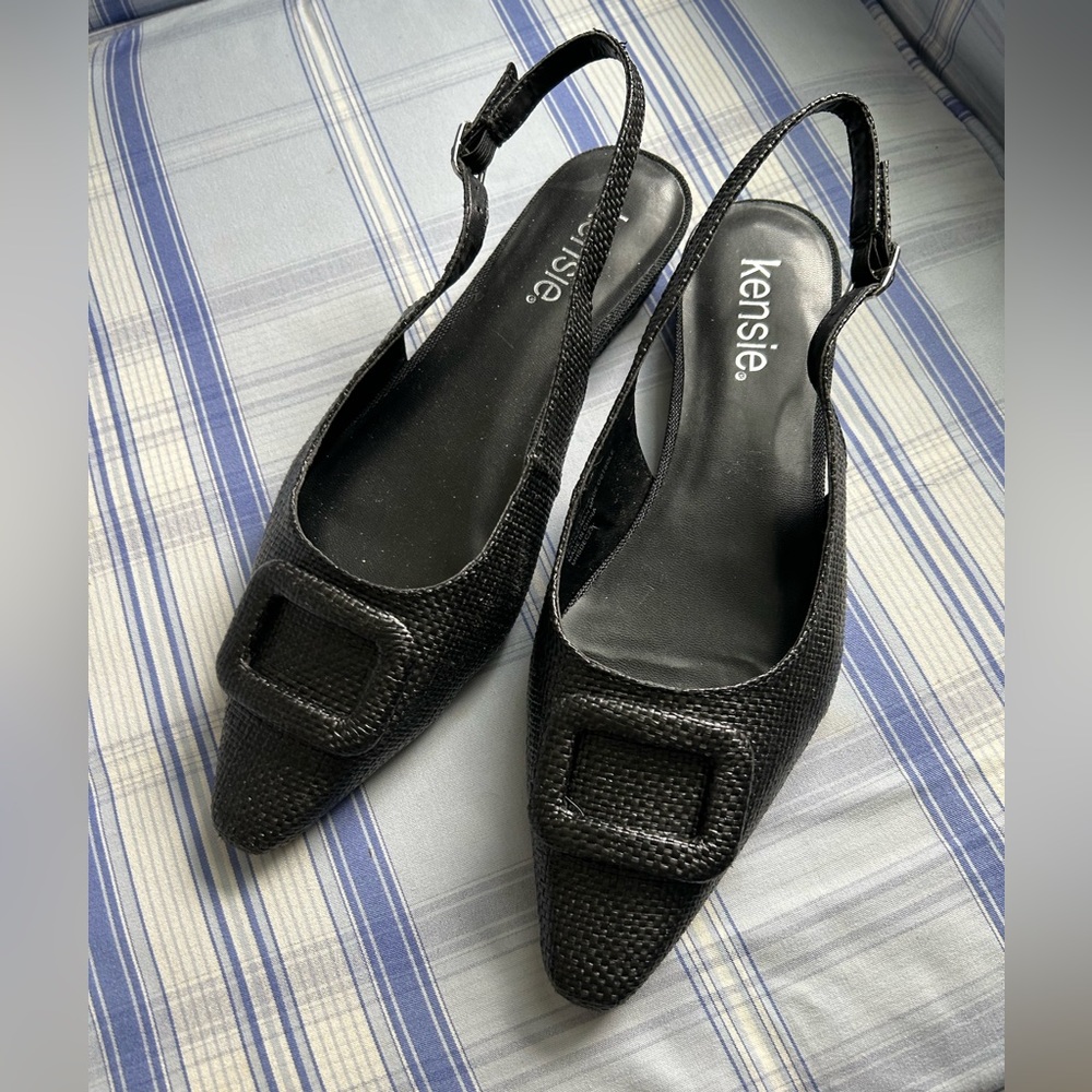 New never worn black slip on sling flats.
